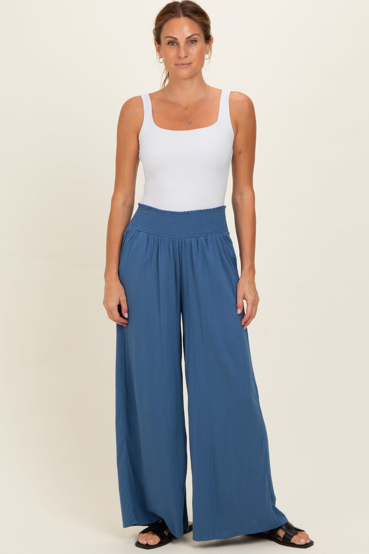 Denim Smocked Waistband Wide Leg Lounge Pants