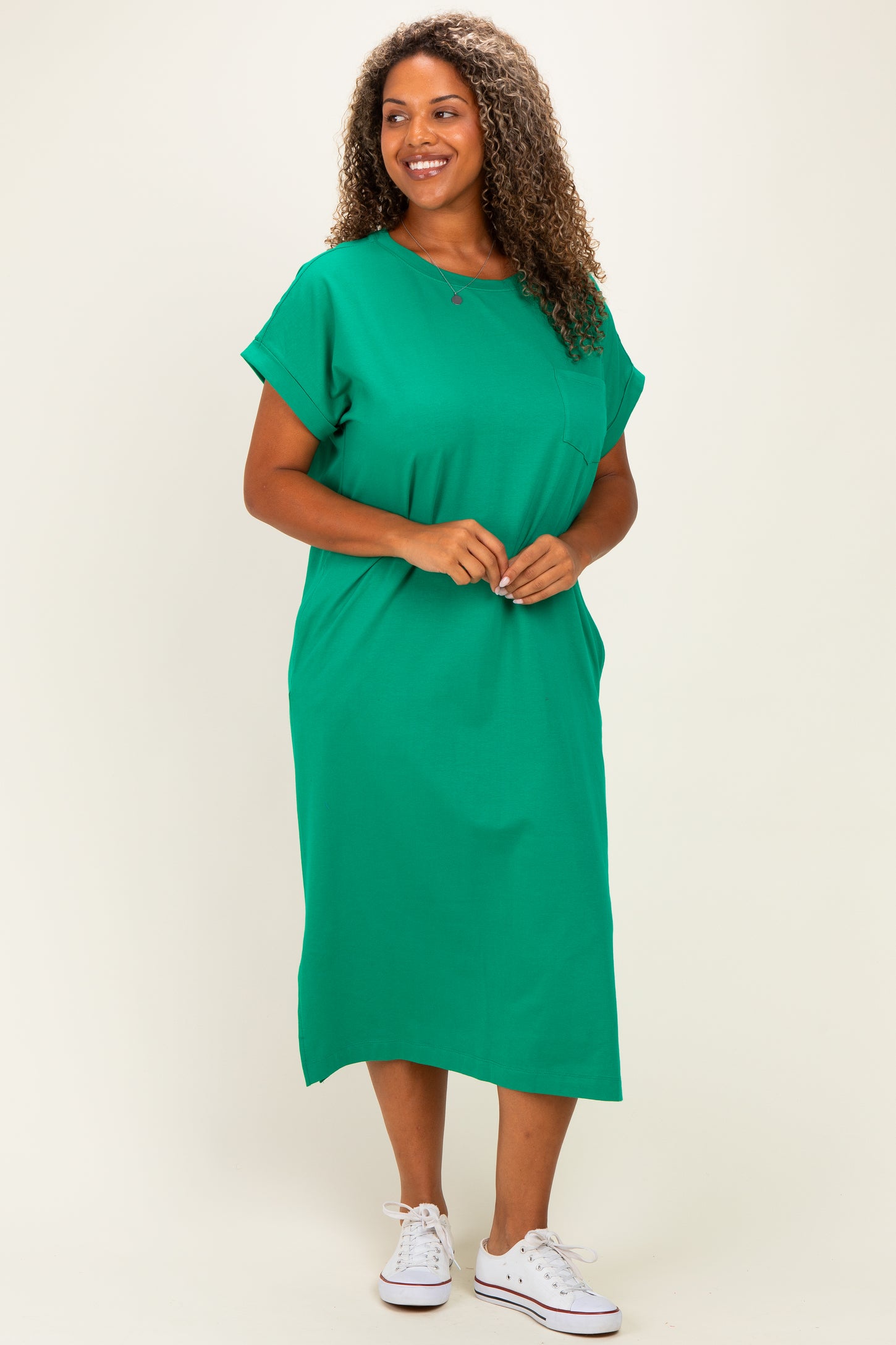 Green Plus Round Neck Short Sleeve Midi Dress – PinkBlush