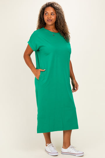 Green Plus Round Neck Short Sleeve Midi Dress
