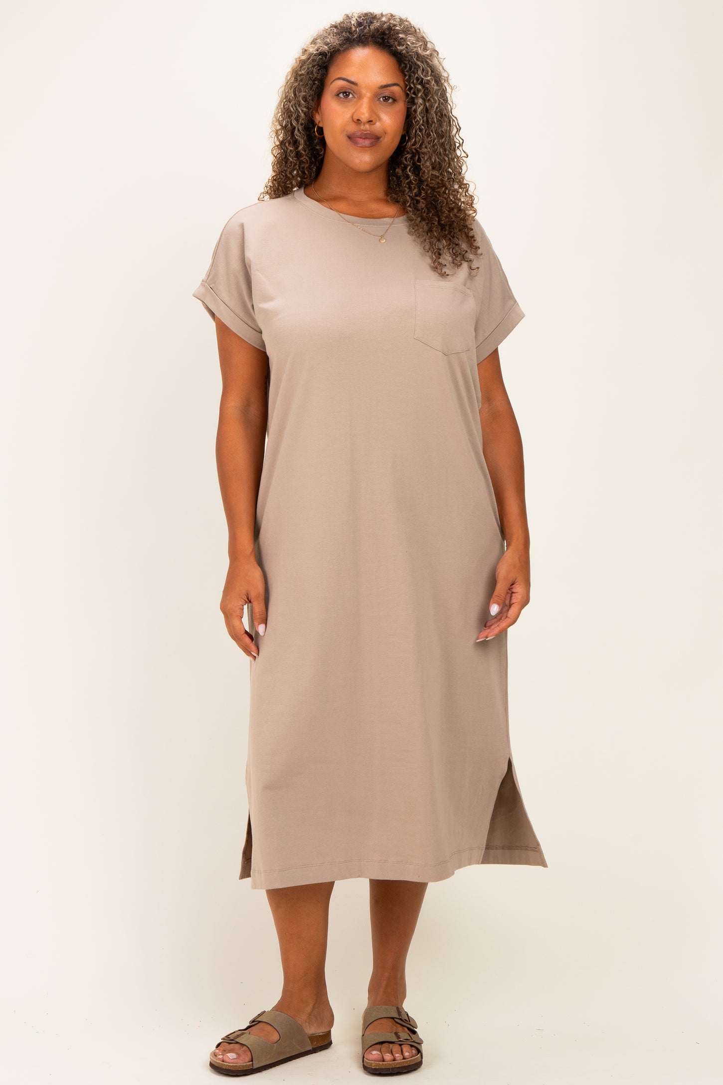 Mocha Plus Round Neck Short Sleeve Midi Dress – PinkBlush