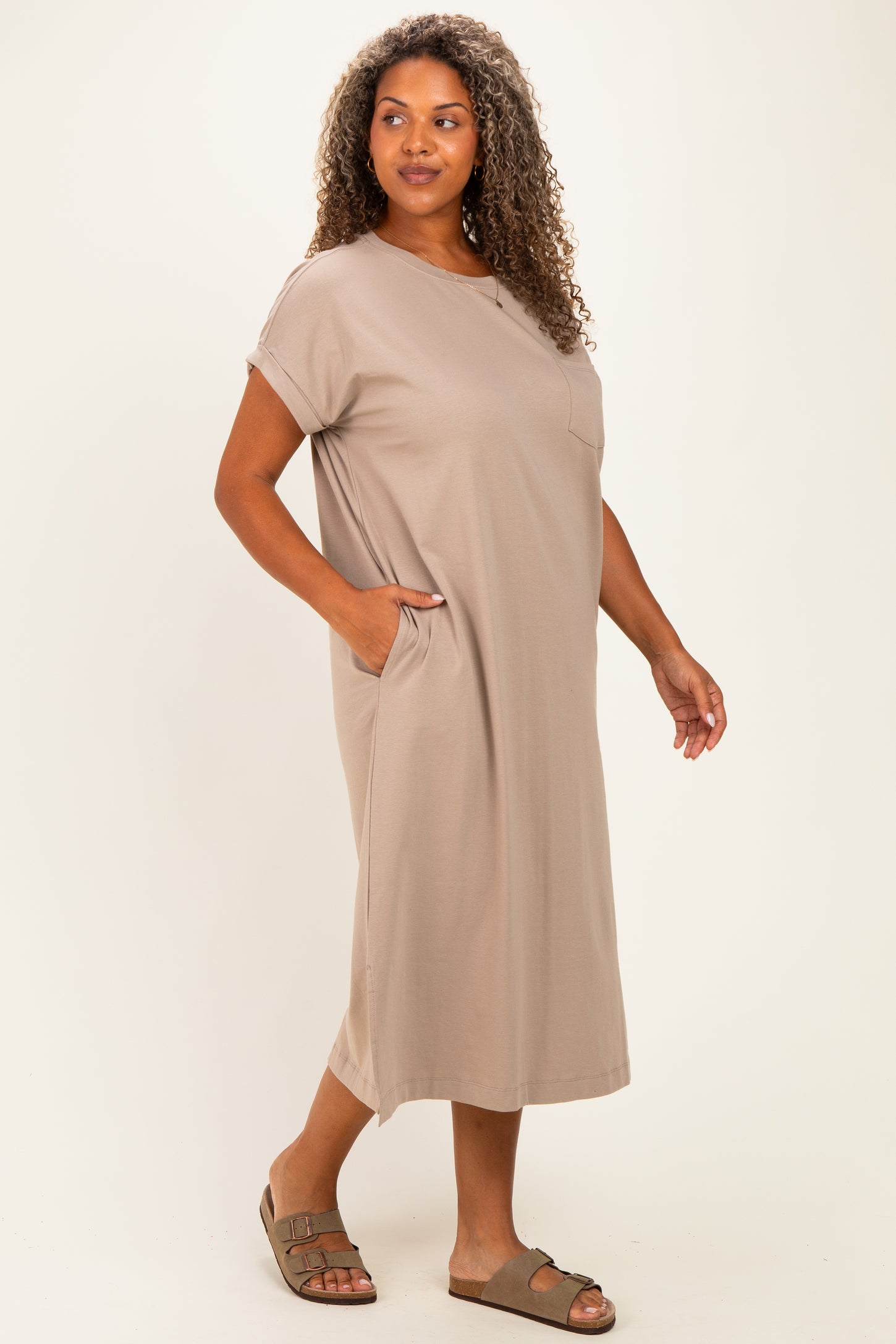 Mocha Plus Round Neck Short Sleeve Midi Dress – PinkBlush