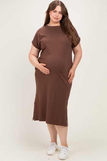 Brown Plus Round Neck Short Sleeve Maternity Midi Dress