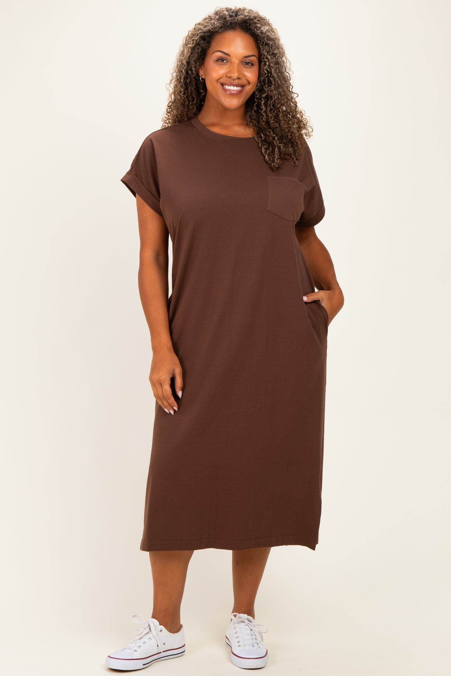 Brown Plus Round Neck Short Sleeve Midi Dress – PinkBlush