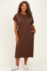 Brown Plus Round Neck Short Sleeve Maternity Midi Dress