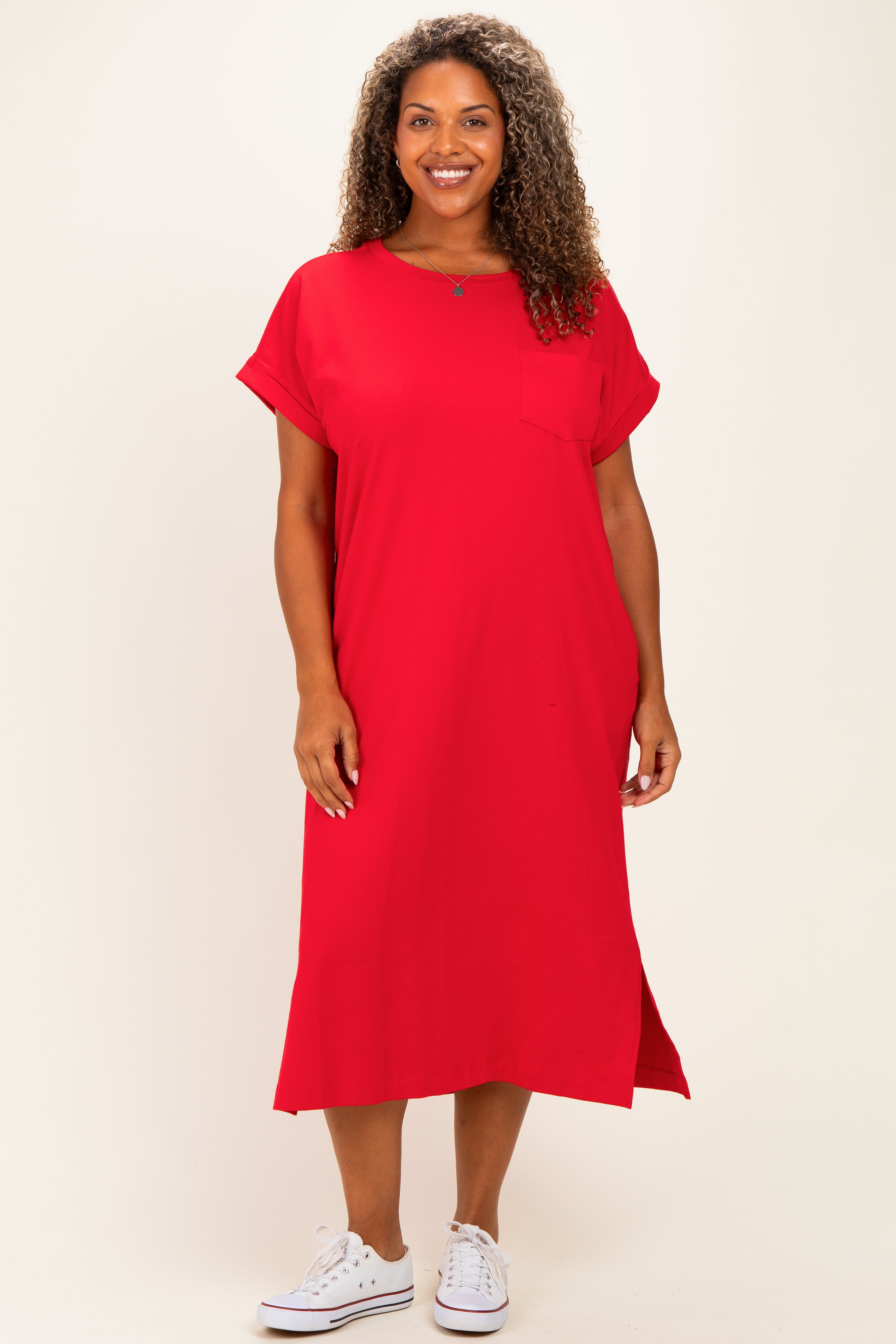 Red Plus Round Neck Short Sleeve Midi Dress – PinkBlush