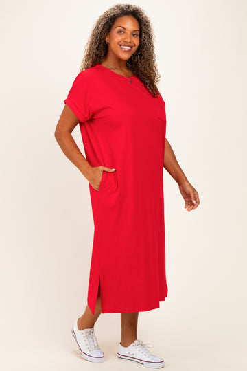 Red Plus Round Neck Short Sleeve Midi Dress