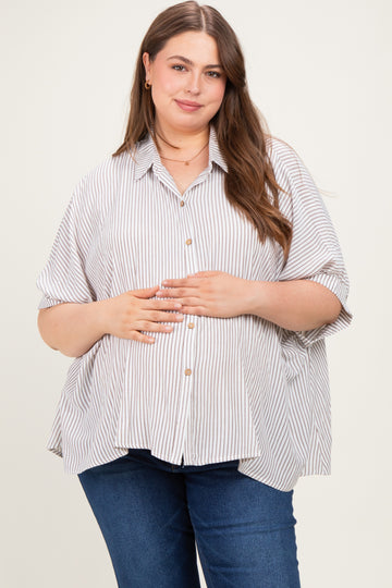 Brown Plus Woven Stripe Button Down  Maternity Top