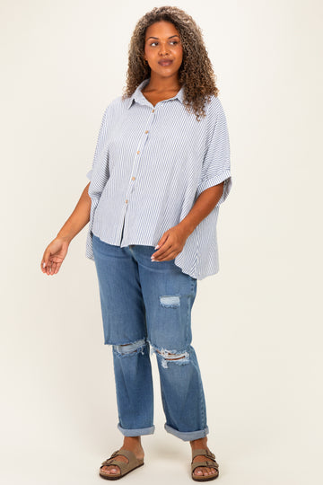Blue Plus Woven Stripe Button Down Top