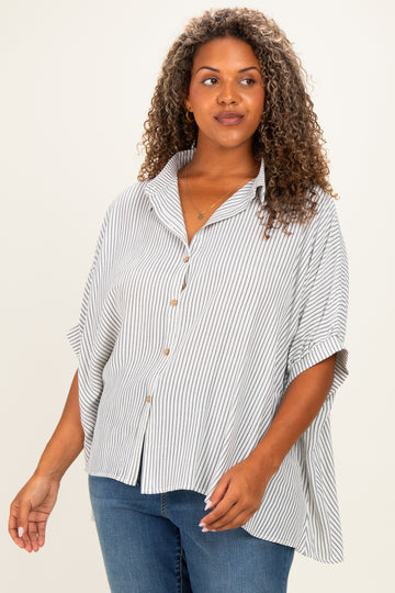 Black Plus Woven Stripe Button Down Top