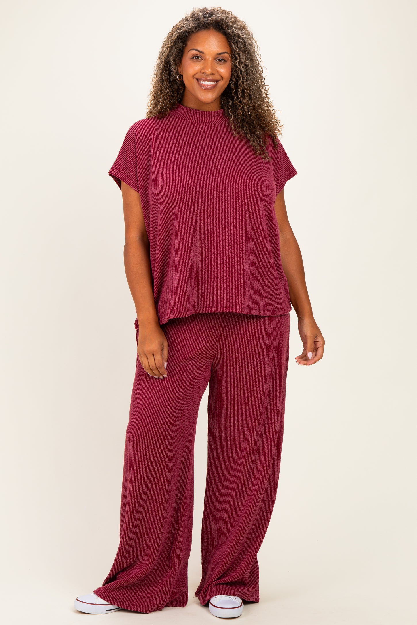 Burgundy Plus Raised Rib Short Sleeve Maternity Tee & Pants Set
