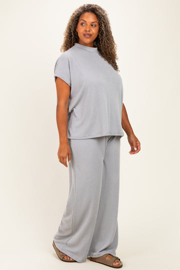 Grey Plus Raised Rib Short Sleeve Tee & Pants Set