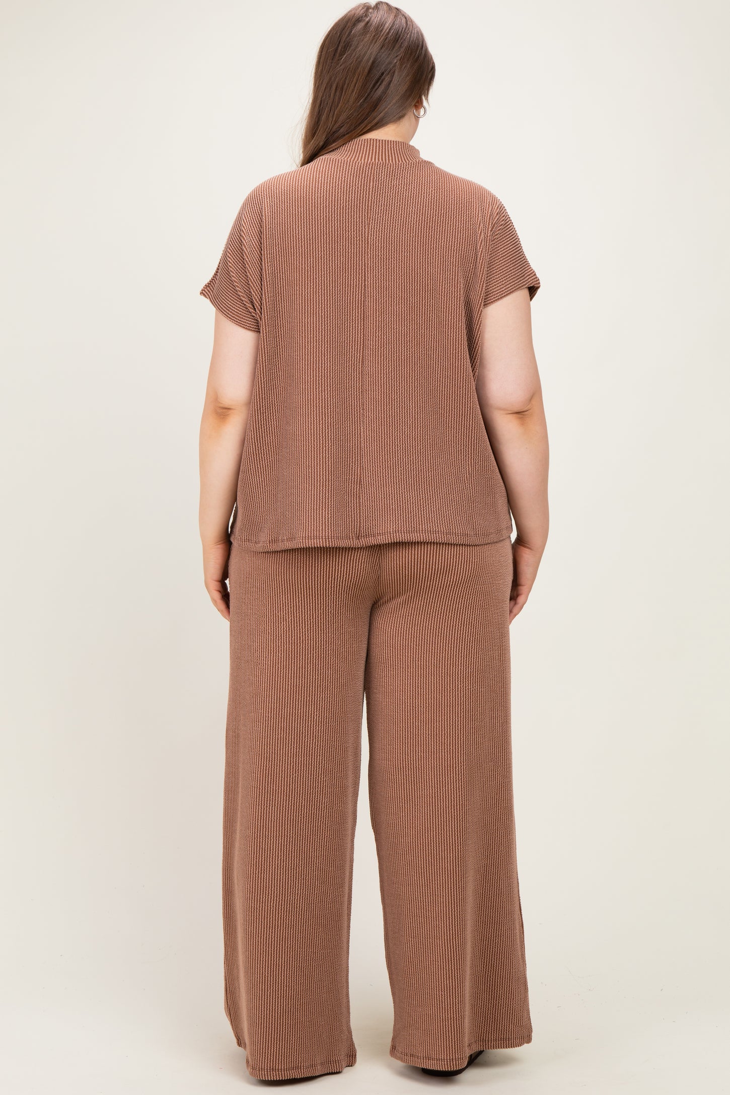 Brown Plus Raised Rib Short Sleeve Maternity Tee & Pants Set