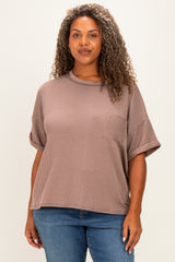 Mocha Plus Raised Rib Short Sleeve Front Pocket Top