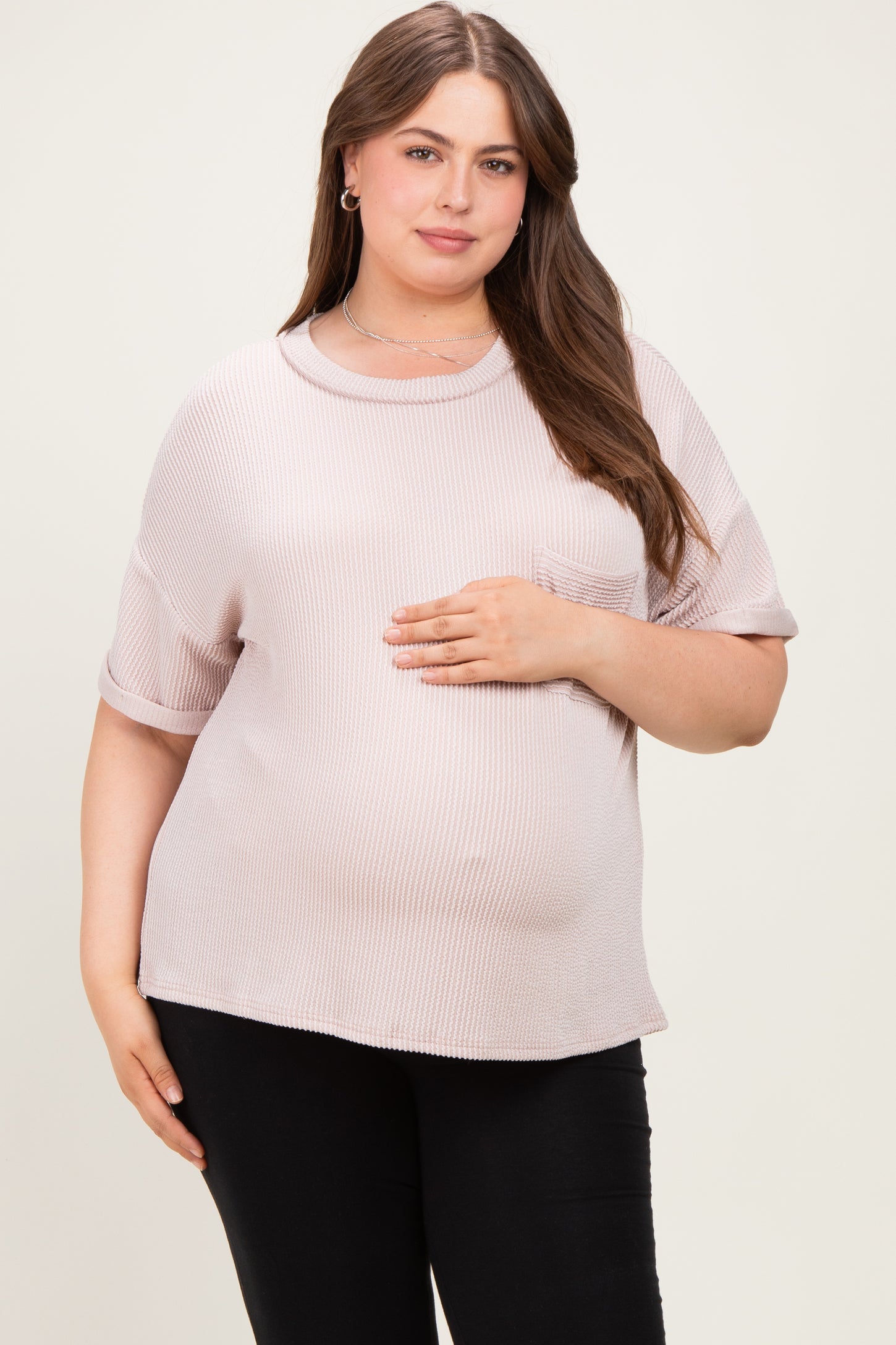Beige Plus Raised Rib Short Sleeve Front Pocket Maternity Top