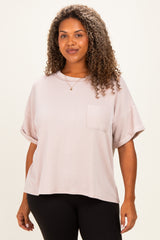 Beige Plus Raised Rib Short Sleeve Front Pocket Maternity Top