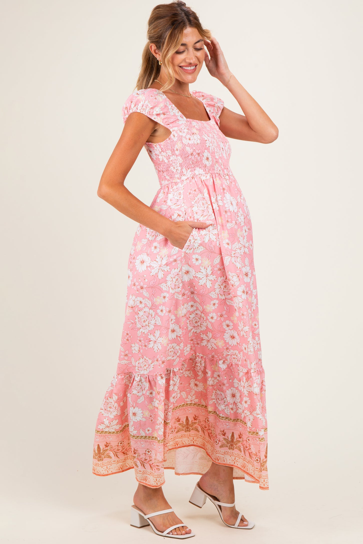 Pink Floral Smocked Maternity Maxi Dress