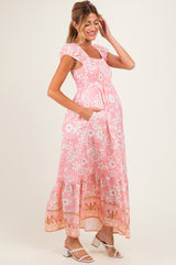 Pink Floral Smocked Maternity Maxi Dress