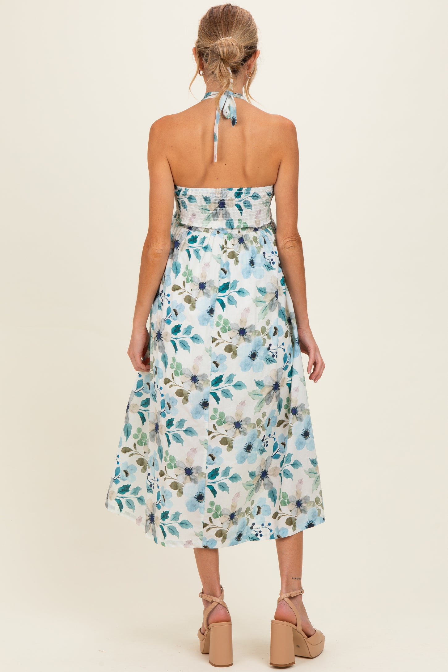 Off White Floral Halter Maternity Midi Dress