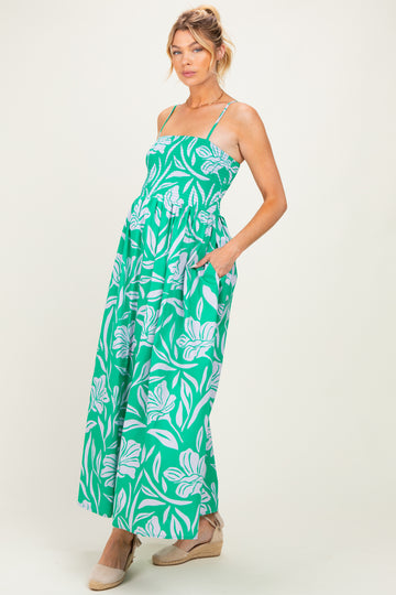 Kelly Green Floral Smocked Maternity Midi Dress