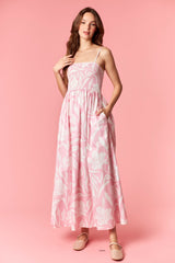 Light Pink Floral Smocked Midi Dress