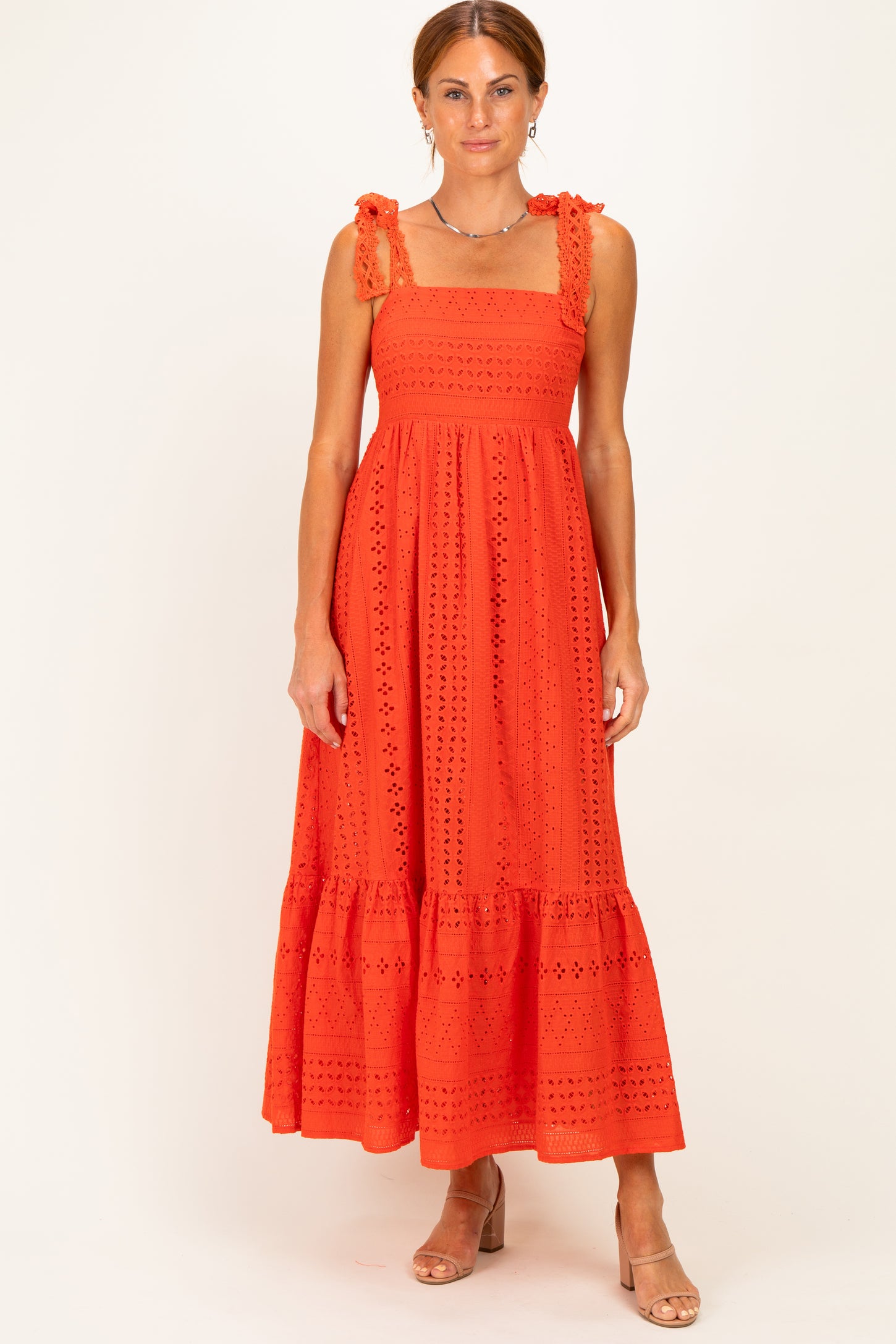 Tomato Laser Cut Lace Shoulder Tie Maxi Dress