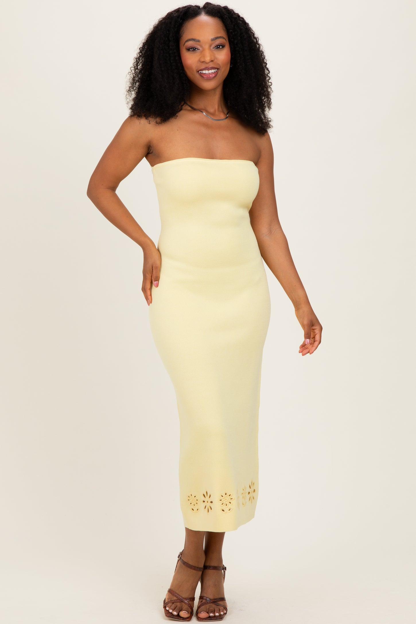 Yellow Strapless Laser Cut Lace Floral Detail Maternity Dress