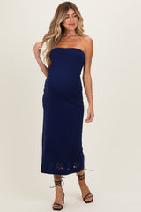 Navy Strapless Laser Cut Lace Floral Detail Maternity Dress