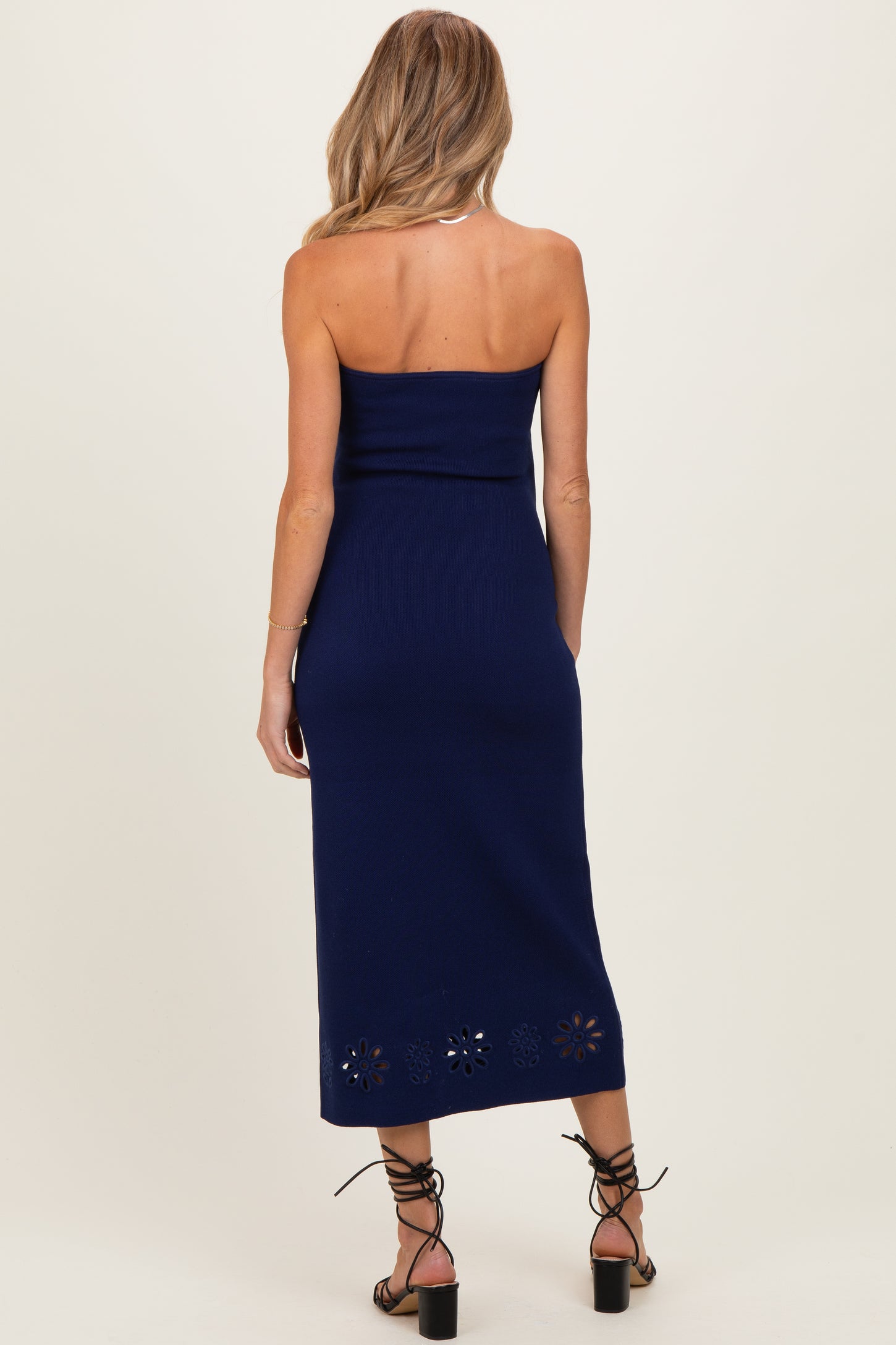 Navy Strapless Laser Cut Lace Floral Detail Maternity Dress