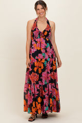 Black Floral Deep V-Neck Smocked Maternity Midi Dress