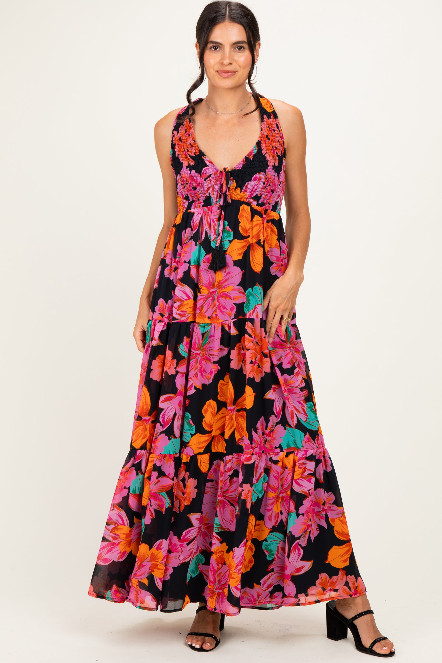 Black Floral Deep V-Neck Smocked Midi Dress