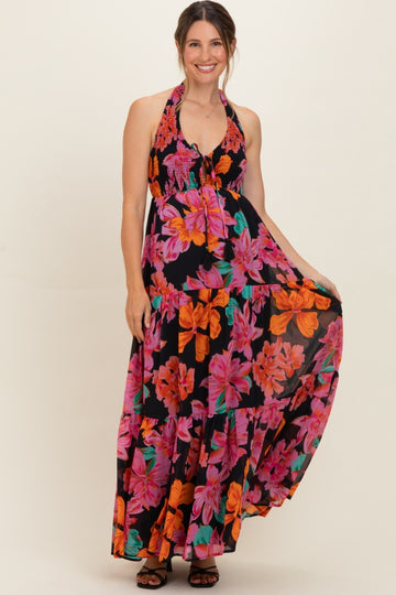 Black Floral Deep V-Neck Smocked Maternity Midi Dress