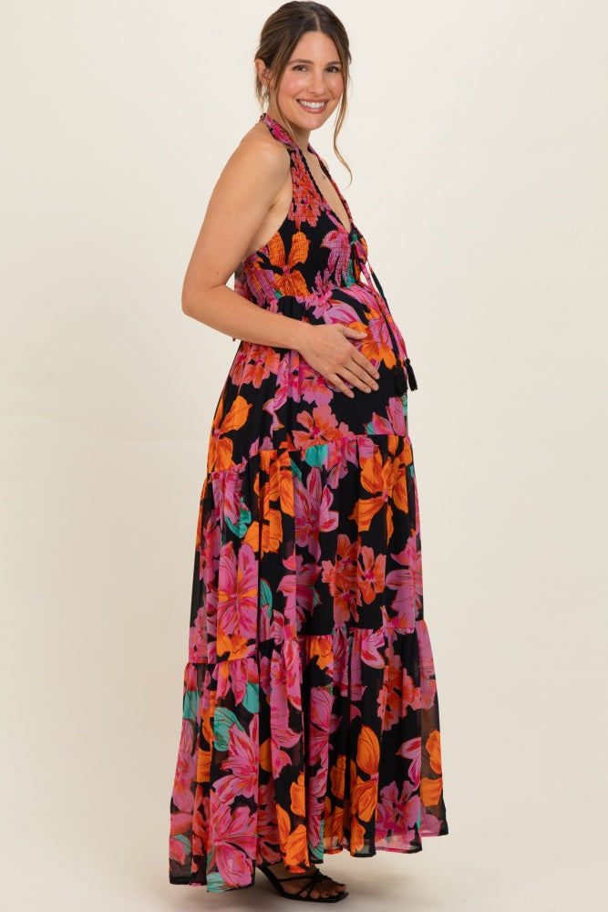 Black Floral Deep V-Neck Smocked Maternity Midi Dress