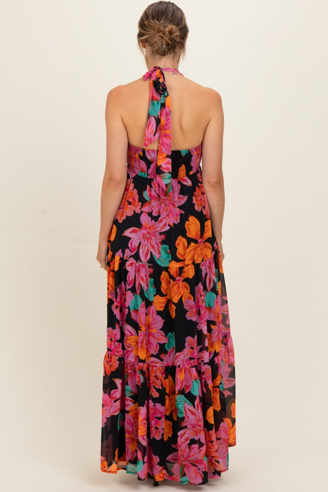 Black Floral Deep V-Neck Smocked Maternity Midi Dress