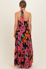 Black Floral Deep V-Neck Smocked Maternity Midi Dress
