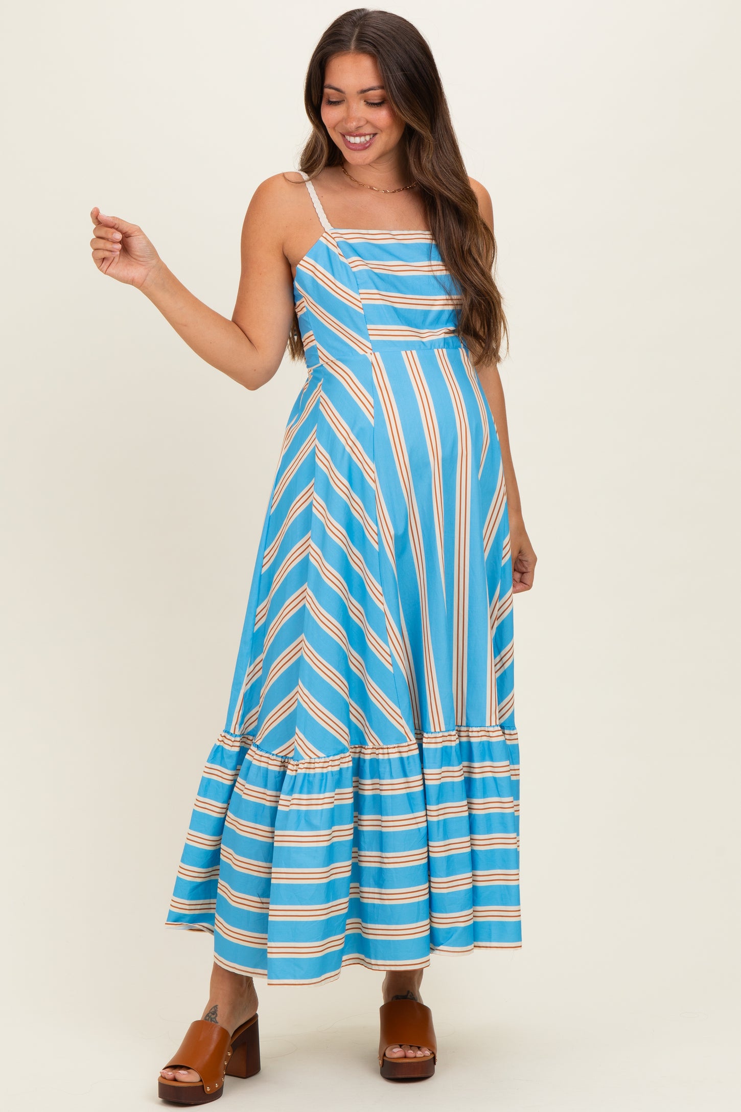 midi ruffle hem dress Blue Striped Ruffle Hem Maternity Midi Dress