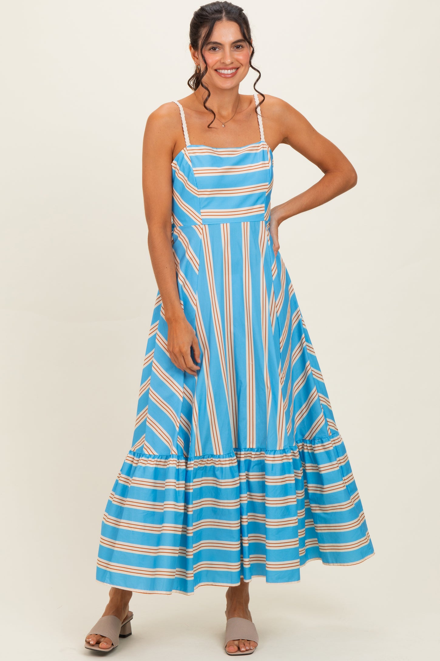 Blue Striped Ruffle Hem Midi Dress Blue Striped Ruffle Hem Midi Dress