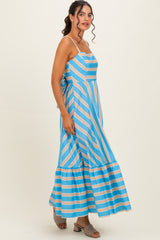 Blue Striped Ruffle Hem Midi Dress
