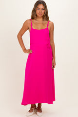 Hot Pink Sleeveless Flower Belt Maxi Dress