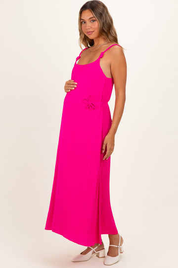 Hot Pink Sleeveless Flower Belt Maxi Dress