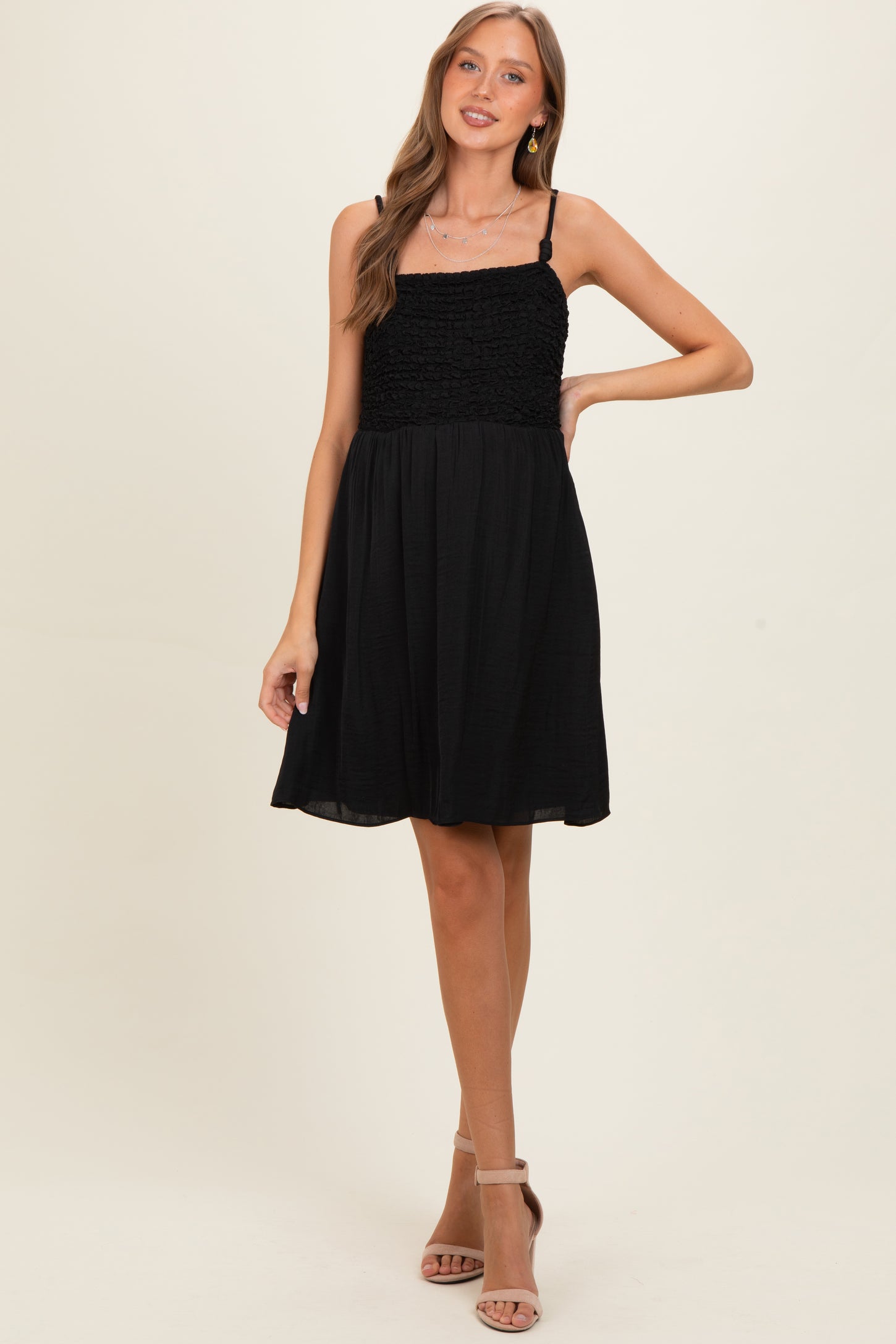 Black Knot Detail Smocked Maternity Mini Dress PinkBlush Black Knot Detail Smocked Maternity Mini Dress PinkBlush
