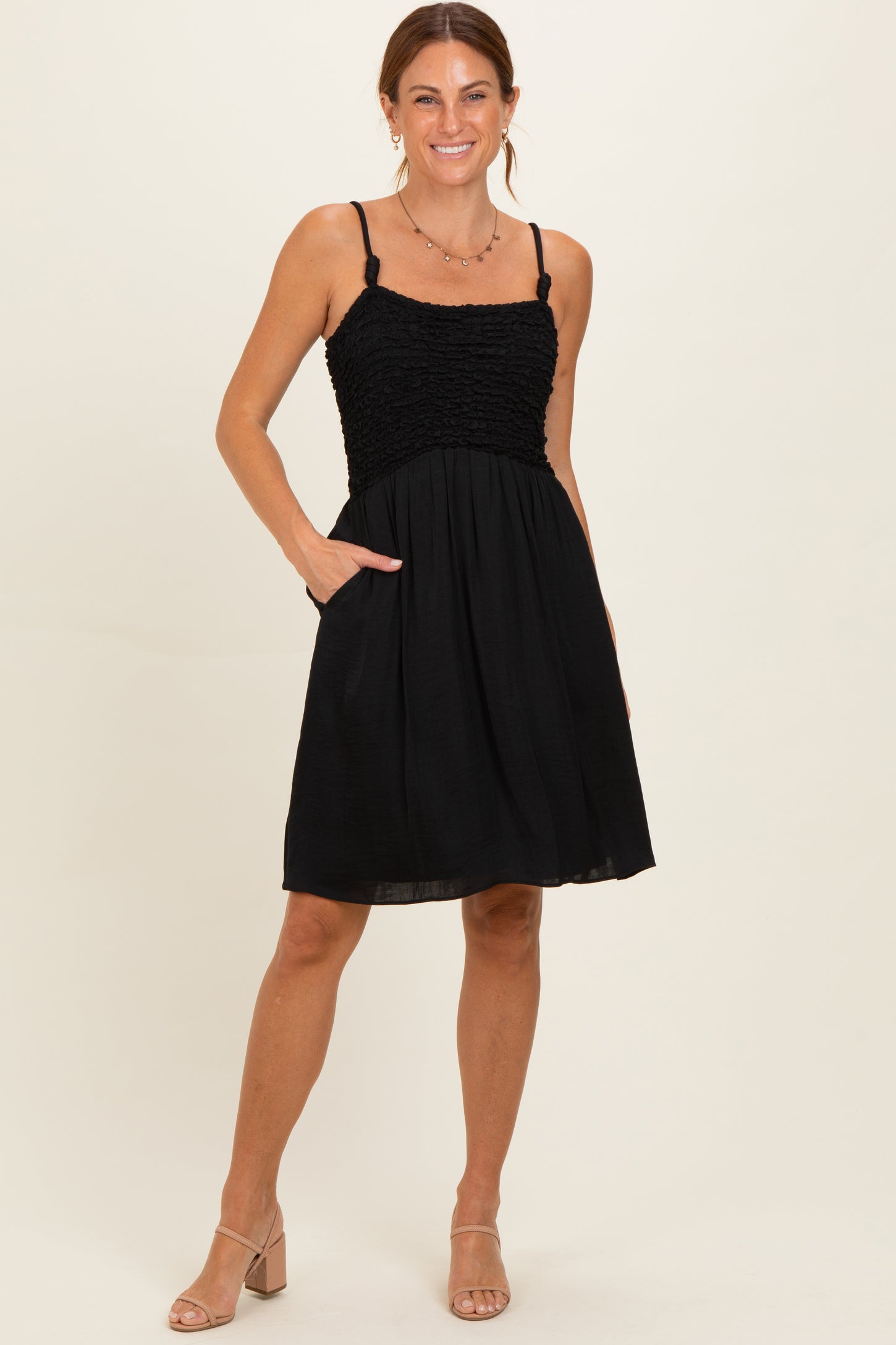 Black Knot Detail Smocked Mini Dress PinkBlush Black Knot Detail Smocked Mini Dress PinkBlush