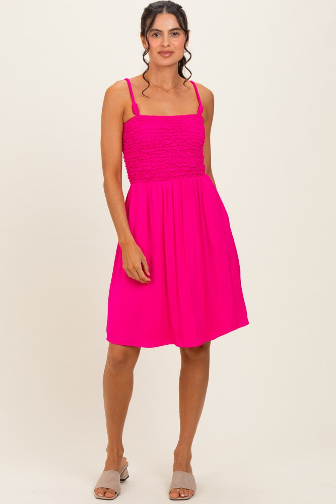 Hot Pink Knot Detail Smocked Maternity Mini Dress