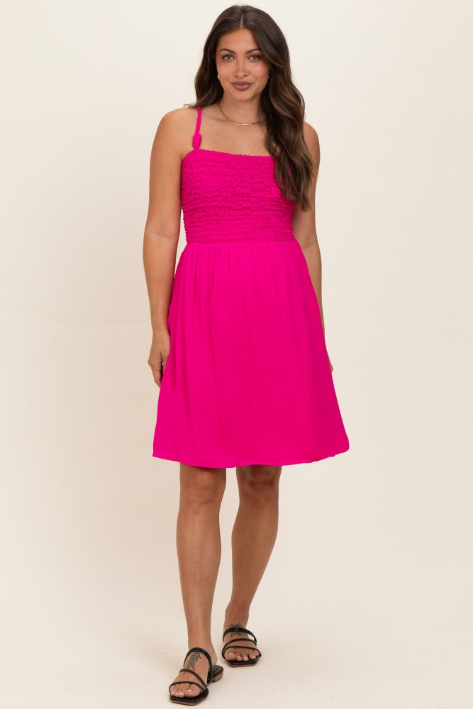 Hot Pink Knot Detail Smocked Maternity Mini Dress