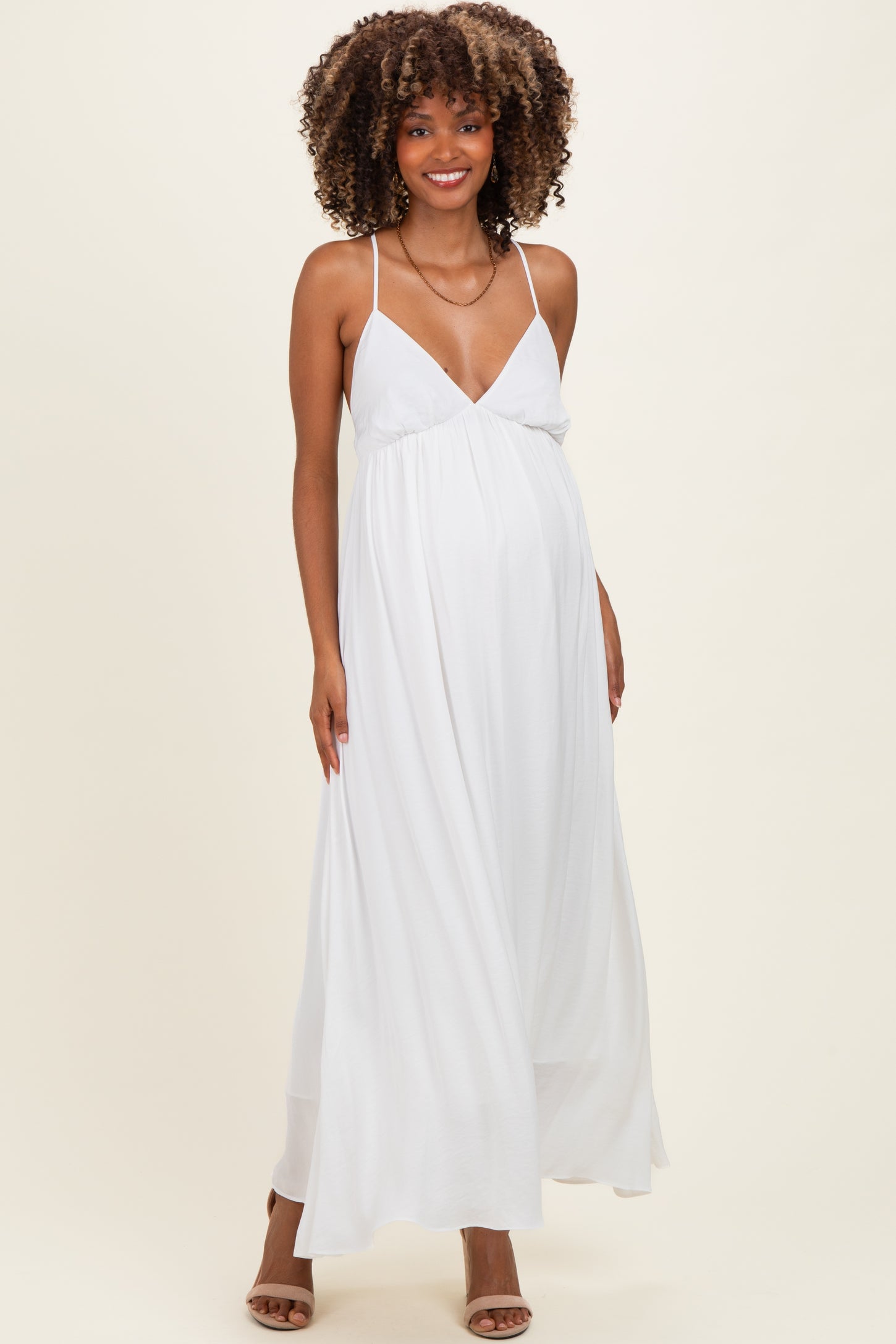 maternity maxi dress white Off White V-Neck Open Back Maternity Maxi Dress – PinkBlush