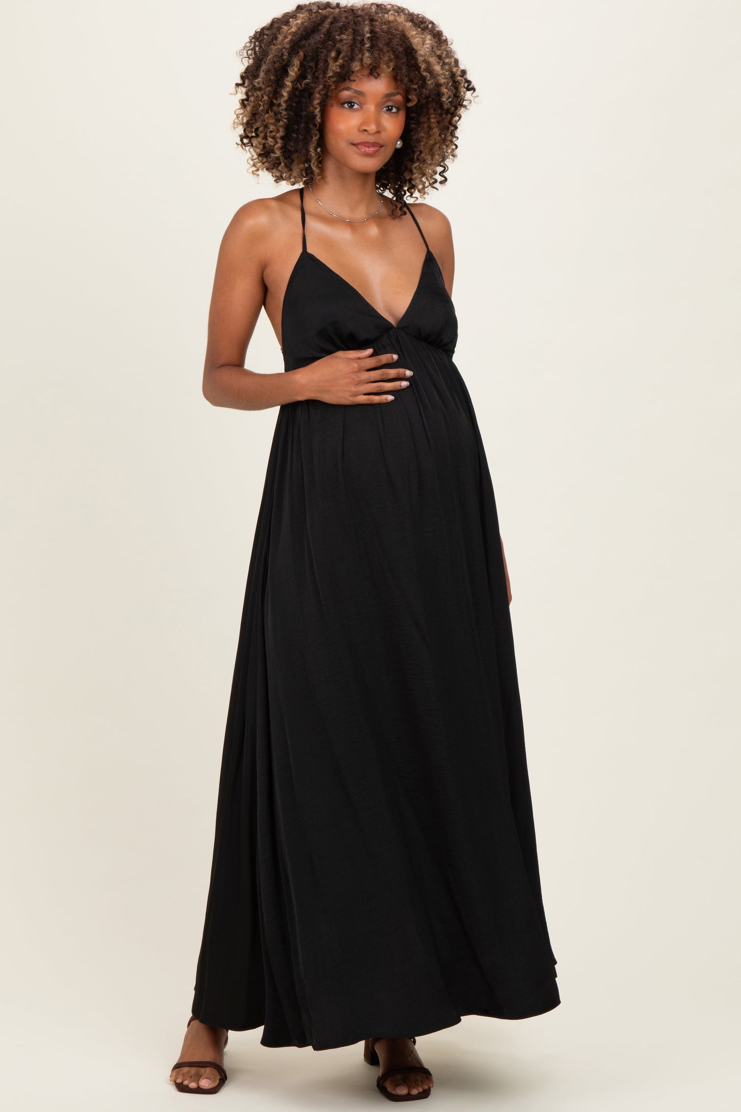Black V-Neck Open Back Maternity Maxi Dress Black V-Neck Open Back Maternity Maxi Dress