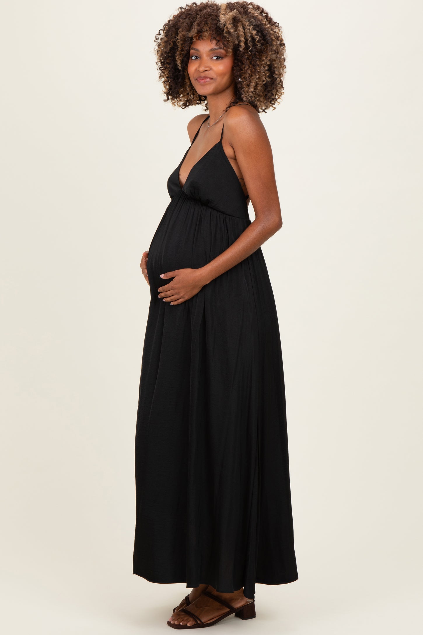 Black V-Neck Open Back Maternity Maxi Dress Black V-Neck Open Back Maternity Maxi Dress