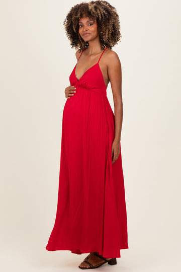 Red V-Neck Open Back Maternity Maxi Dress