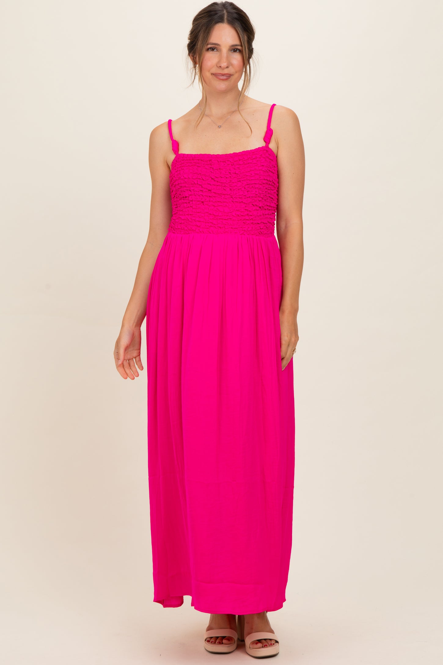 Hot Pink Textured Smocked Maternity Maxi Dress