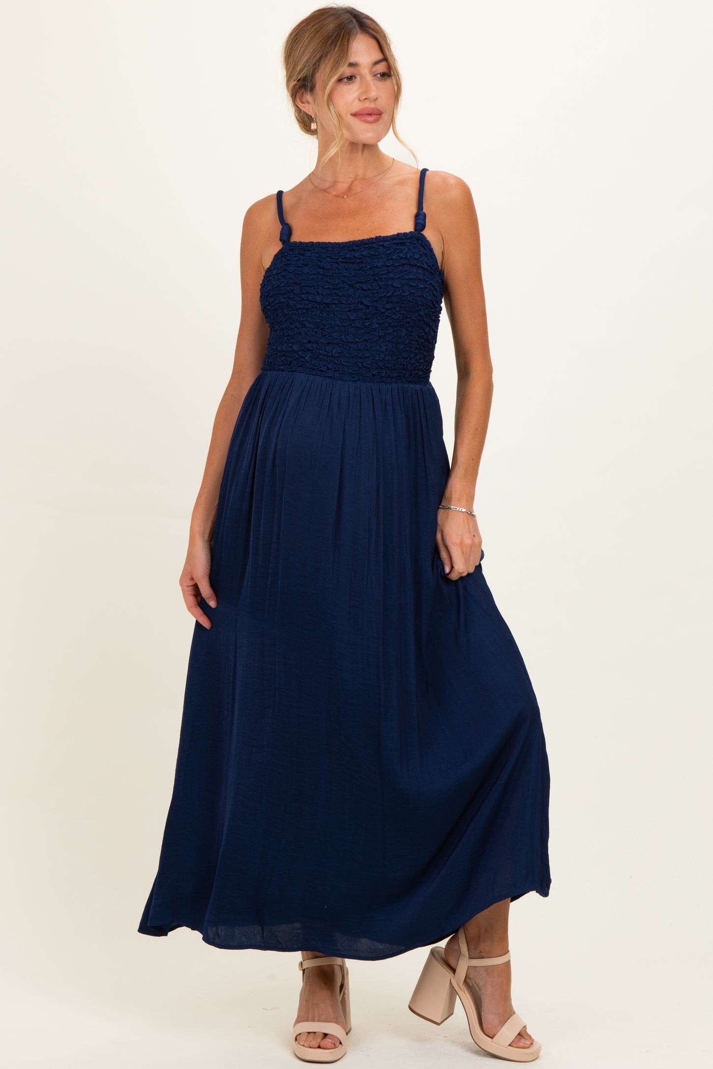 Navy Textured Smocked Maternity Maxi Dress