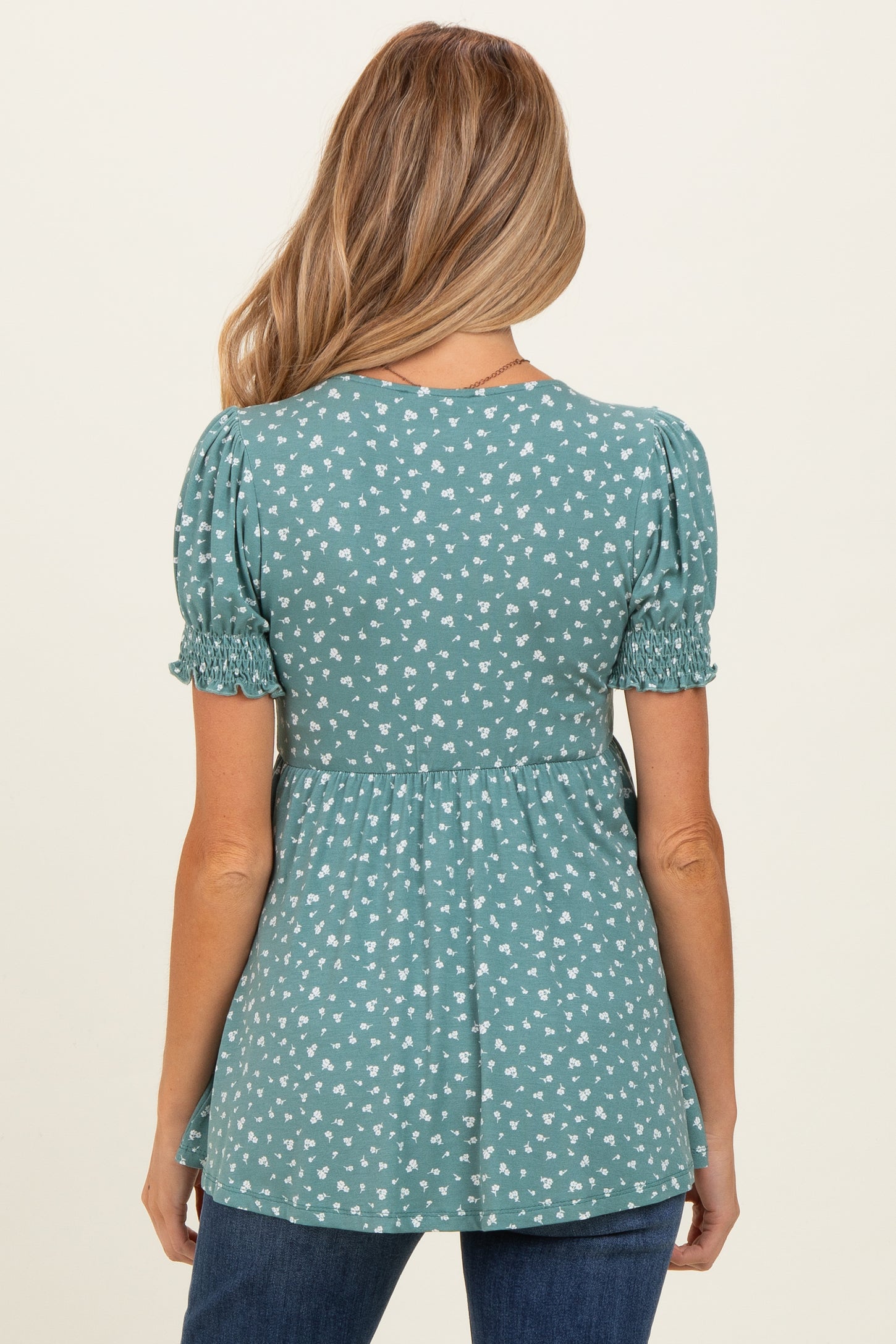 Olive Ditsy Floral Smocked Sleeve Maternity Wrap Top
